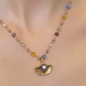 GENUINE FRESH WATER PEARL Multicolor Beaded Necklace with Gold Pendant 16 inch